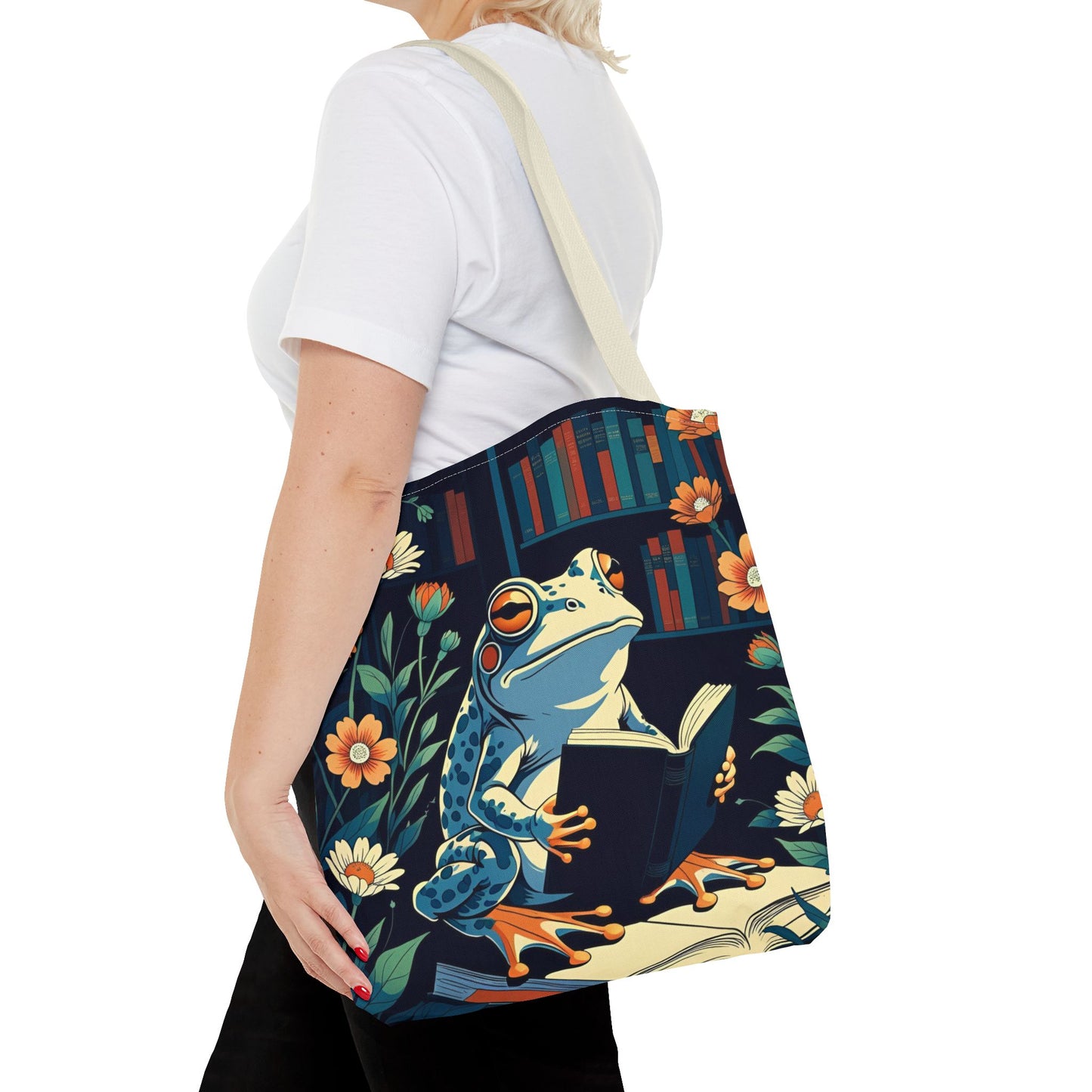 Frog Print Tote Bag - Women's Book Lover's Frog Everyday Reusable Bag
