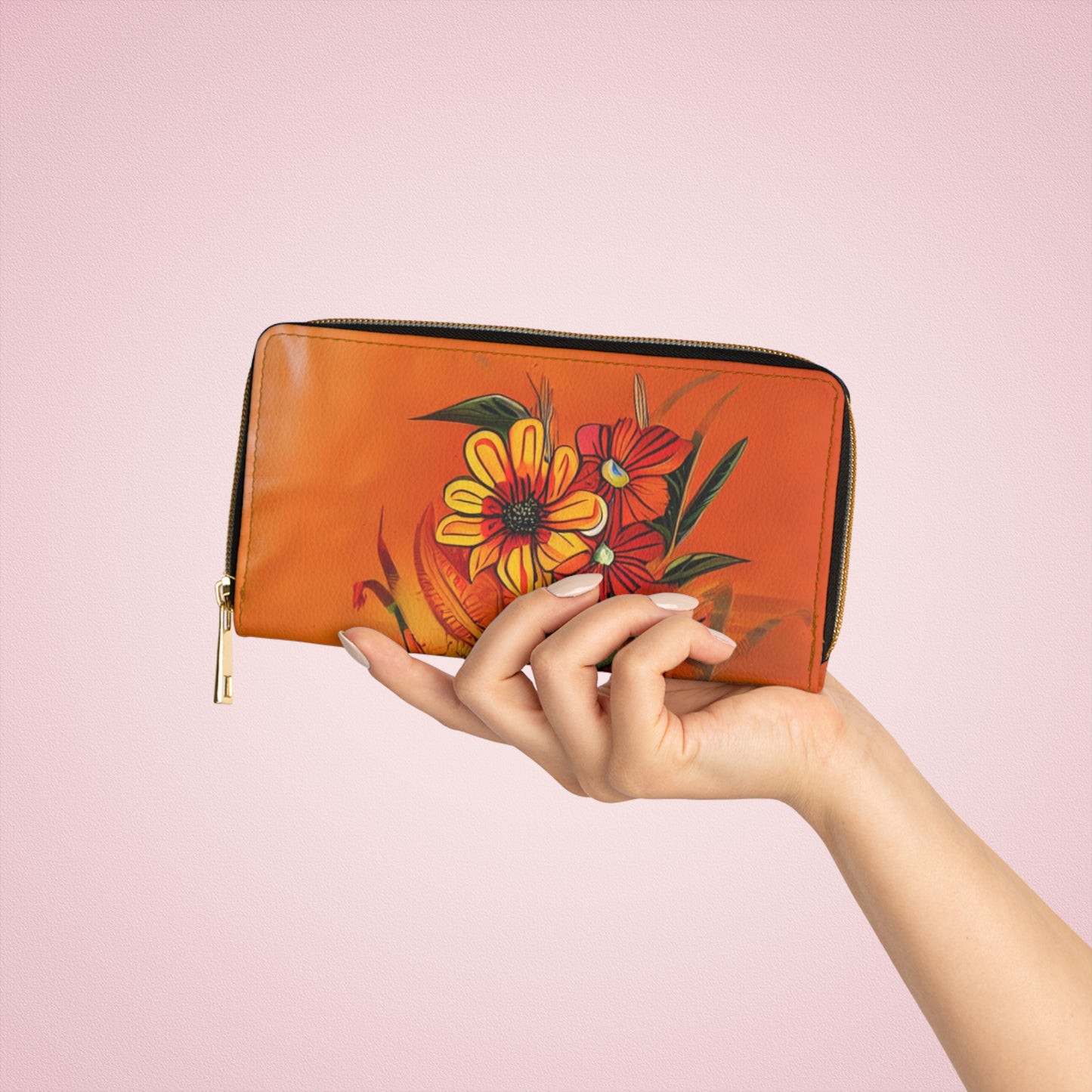 Women's Tropical Motif Wallet - Dark Apricot Vegan